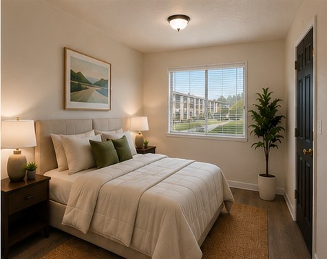 Spacious bedroom with large windows