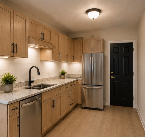 Modern kitchen with stainless steel appliances and granite counters